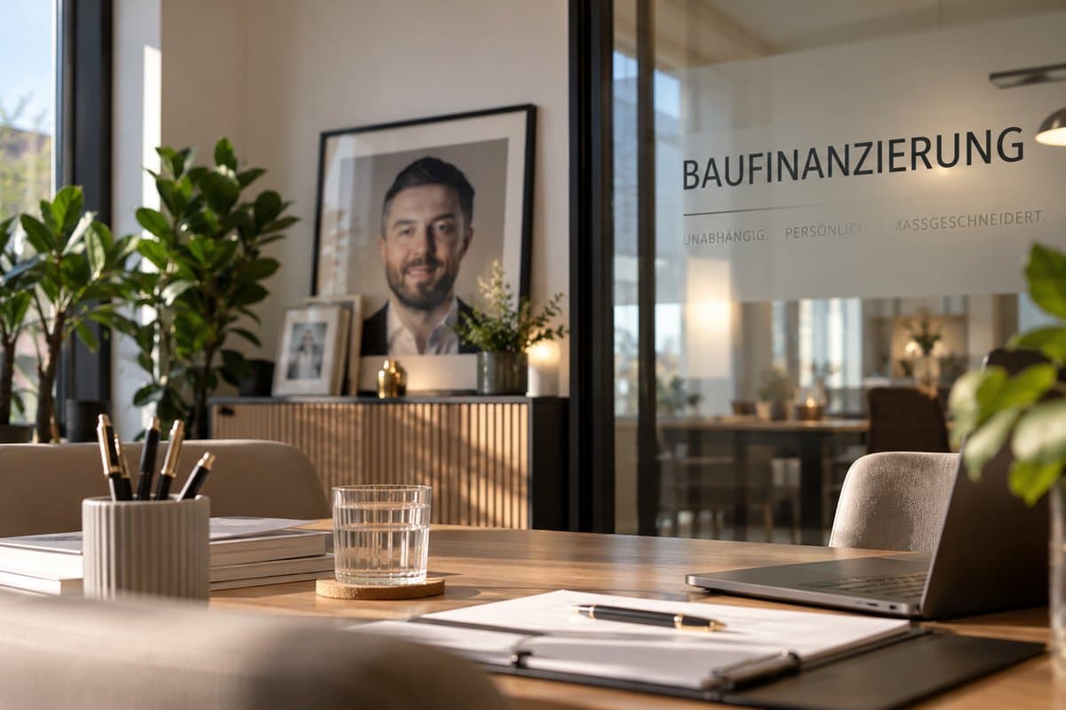 Büro mit Porträt von Artem Milmann und Schriftzug Baufinanzierung