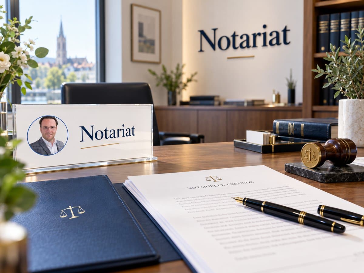 Schreibtisch im Notariat mit Namensschild, Urkunde und Siegel