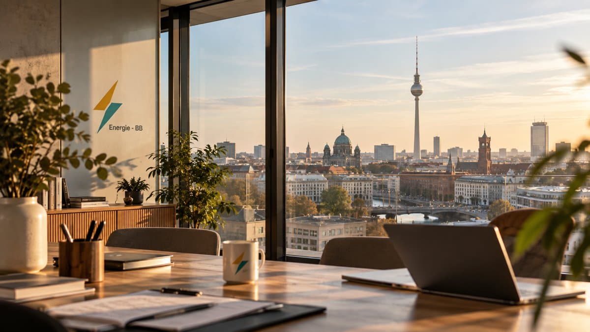 Büro mit Energie-BB-Logo und Blick über Berlin